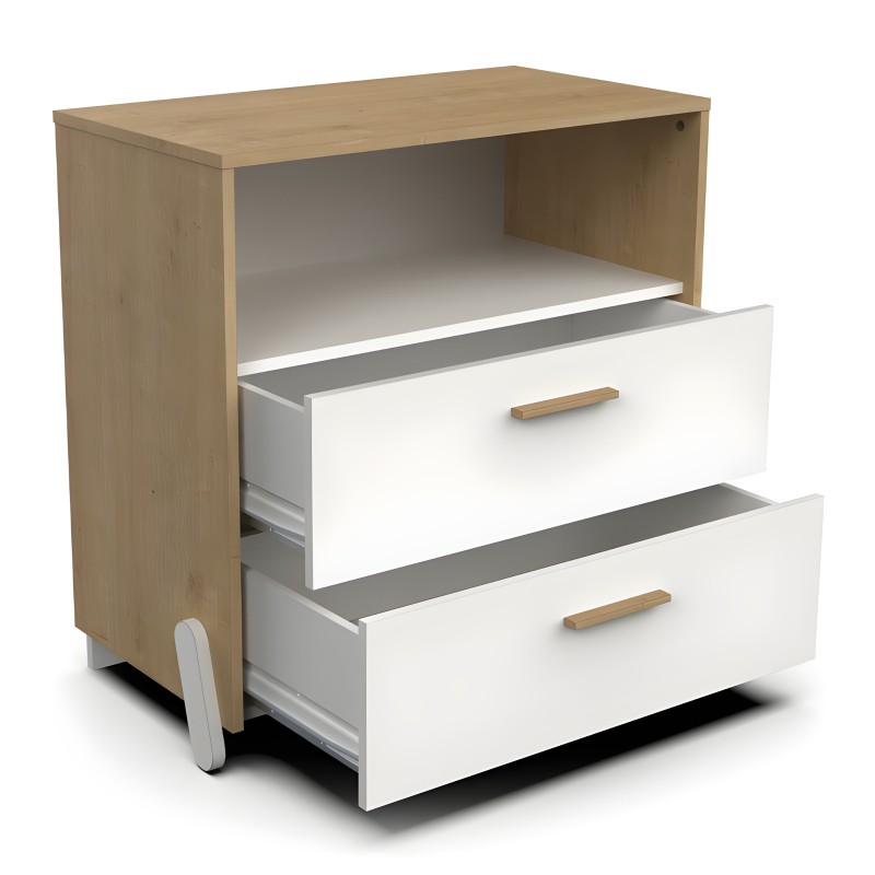 Cómoda infantil con estructura en madera natural y dos cajones blancos con tiradores de madera y ruedas