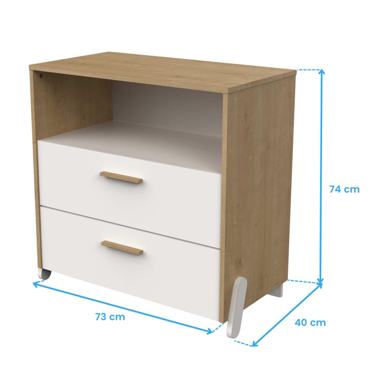 Cómoda infantil con estructura madera clara y frentes blancos con dos cajones y estante abierto superior