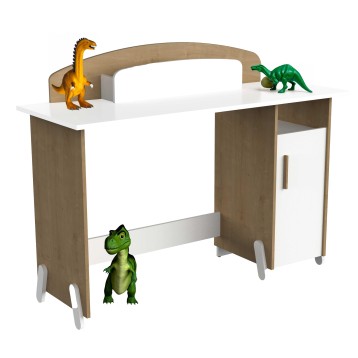 Escritorio infantil de madera natural y blanco con respaldo curvo y ruedas decorado con dinosaurios de juguete
