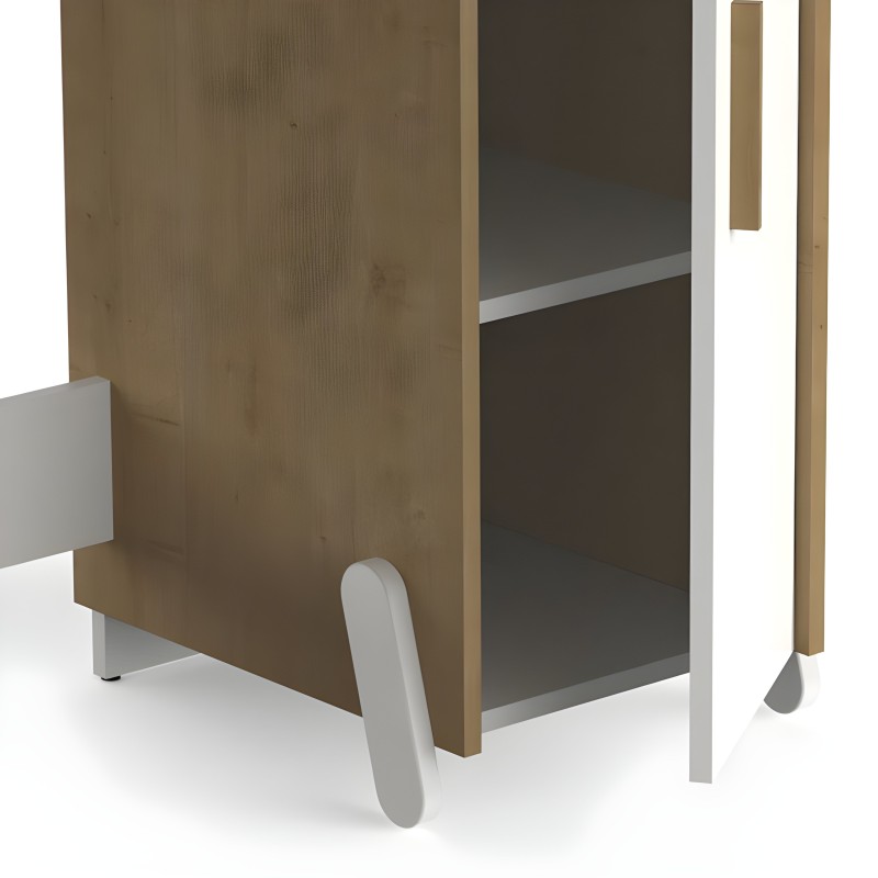 Escritorio infantil en madera natural con puertas abatibles y estructura blanca y gris