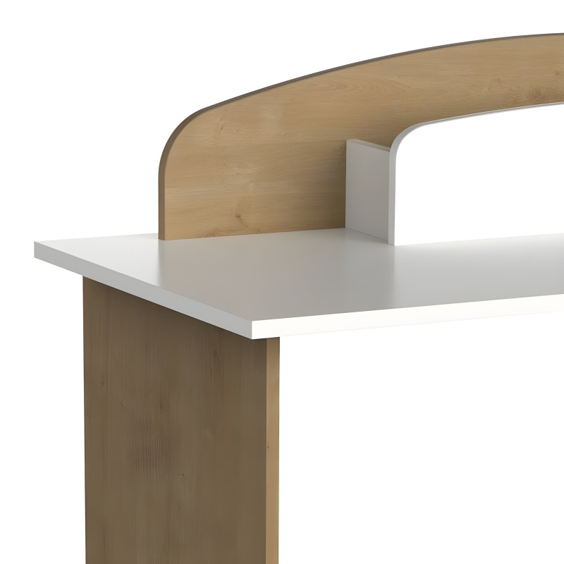 Escritorio con tablero blanco y respaldo curvo en madera clara y gris