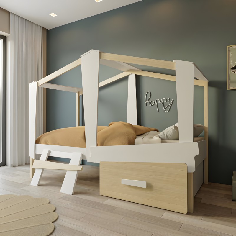 Cama dosel con estructura blanca y madera natural y ropa de cama en tonos beige en habitación con pared gris
