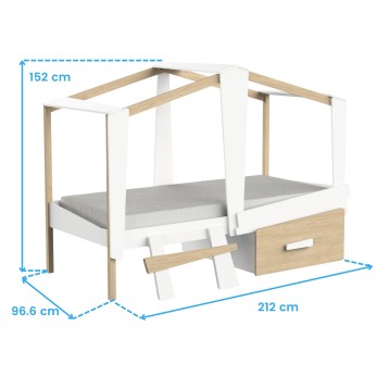 Cama dosel blanca y madera con estructura de columnas y cajón lateral integrado