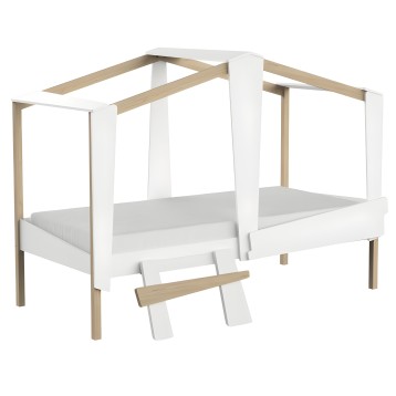 Cama dosel blanca y madera natural con estructura de cuatro postes y colchón gris