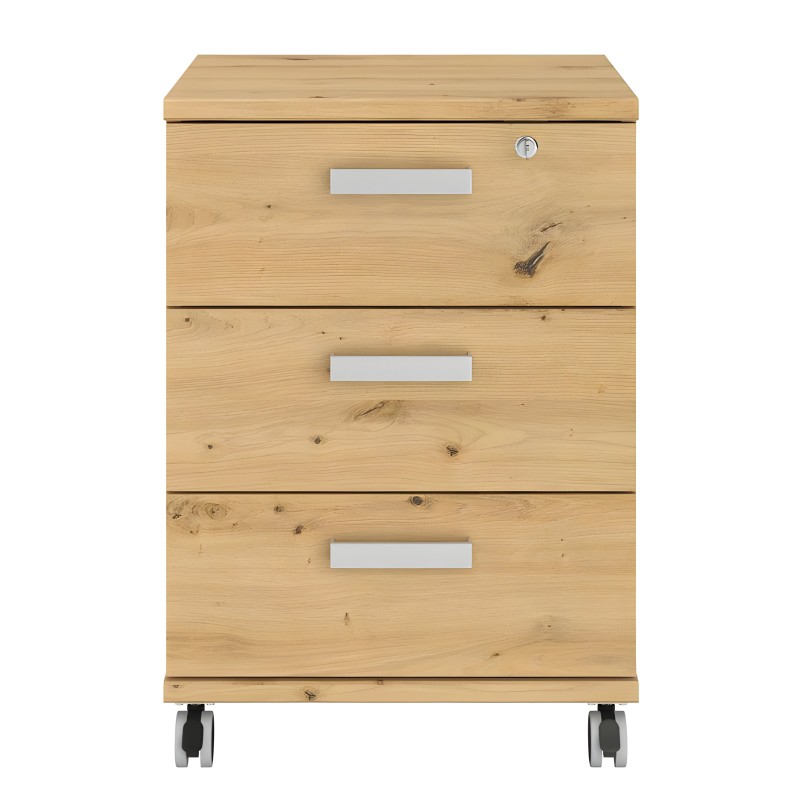 Cajonera madera clara con tres cajones y ruedas metálicas grises