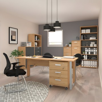 Mesa de escritorio en madera con patas metálicas y cajones móviles en ambiente de oficina