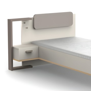 Cama con cabecero tapizado gris y blanco con mesita de noche integrada y marco lateral de madera