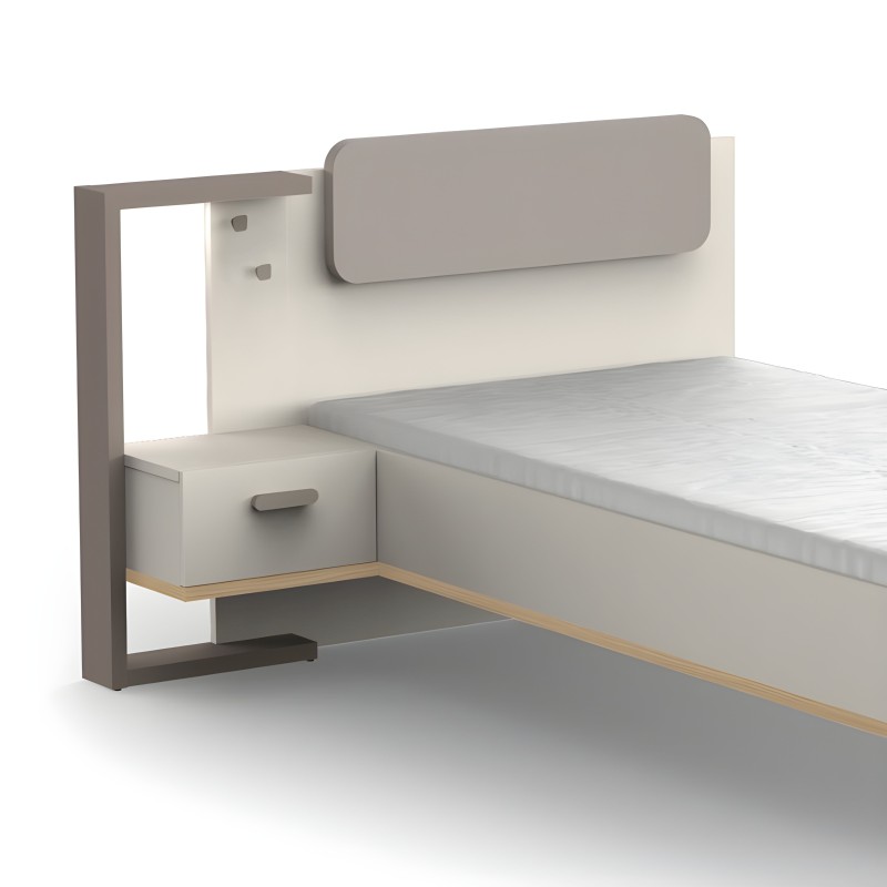 Cama con cabecero tapizado gris y blanco con mesita de noche integrada y marco lateral de madera