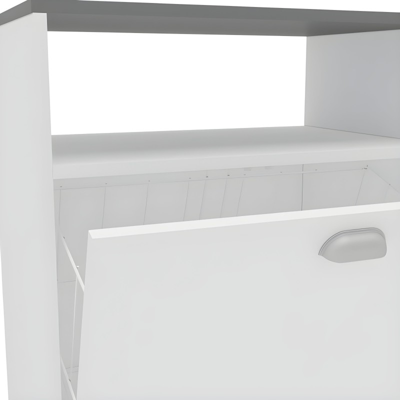 Mueble auxiliar blanco con tapa gris y estante superior abierto. Vista frontal de mueble auxiliar