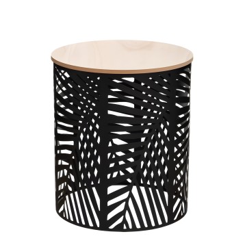 Mesa auxiliar cilíndrica con base calada negra y tablero redondo en madera clara