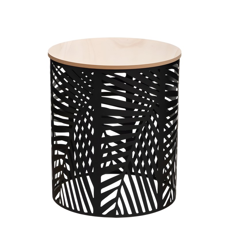 Mesa auxiliar cilíndrica con base calada negra y tablero redondo en madera clara
