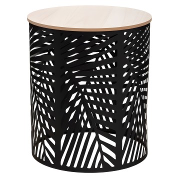 Mesa auxiliar cilíndrica con base negra perforada y tapa de madera clara