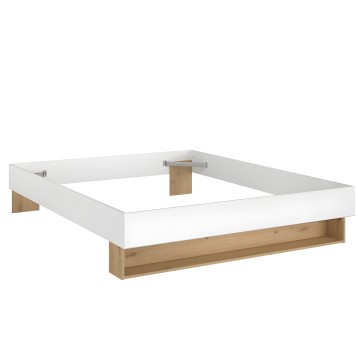 Base de cama matrimonial blanca y madera con estructura abierta y soportes de madera lateral