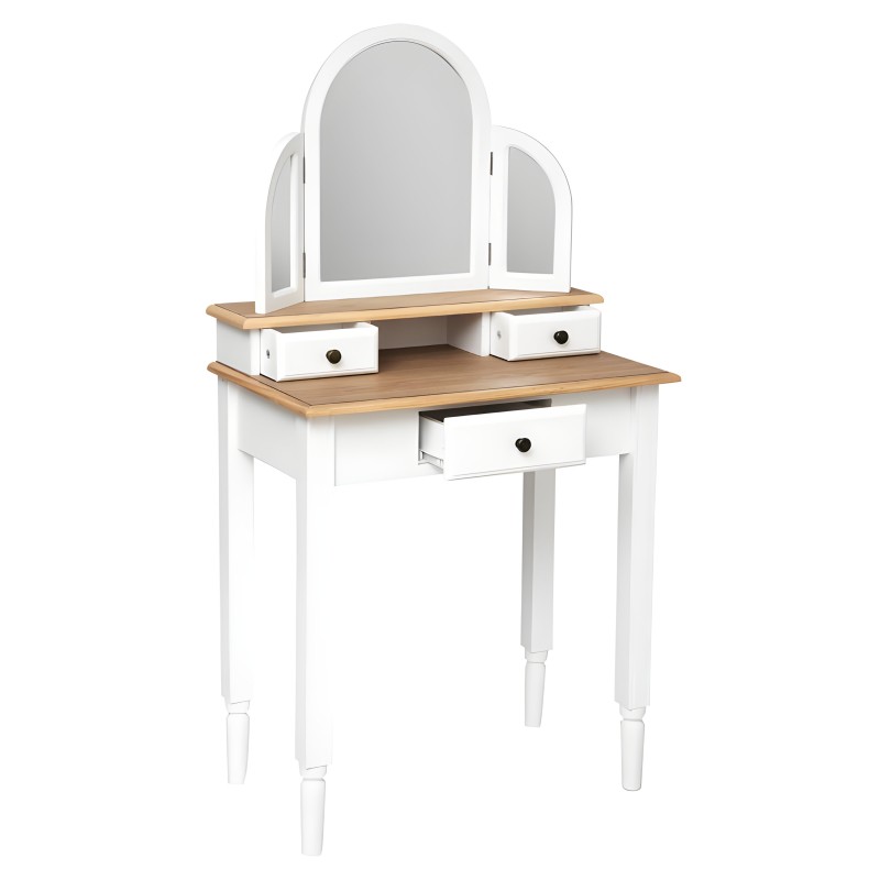 Tocador blanco con espejo triple abatible y tablero de madera natural con tres cajones