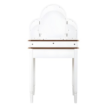 Tocador blanco con espejo arqueado y marco de madera oscura con dos estantes y patas de madera clara