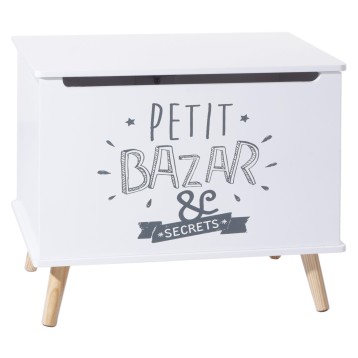 Baúl infantil blanco con patas de madera y diseño "Petit Bazar y Secrets" en gris
