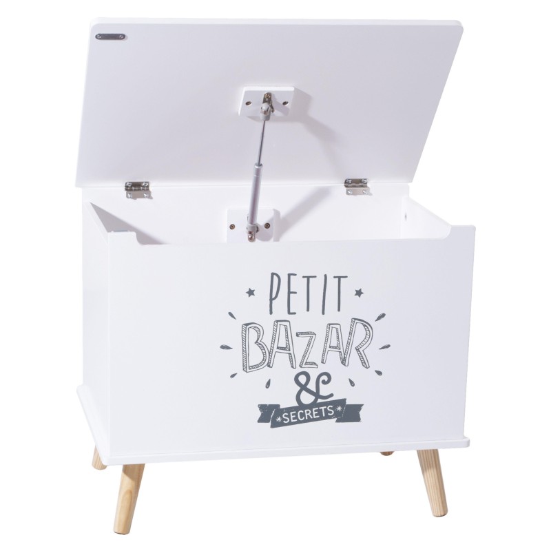 Baúl infantil blanco con tapa abatible y patas de madera y texto decorativo Petit Bazar & Secrets