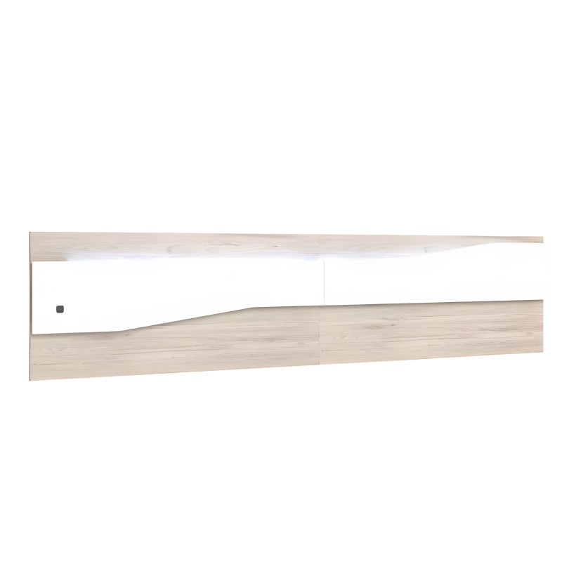 Cabecero cama madera clara y blanco con líneas curvas y panel superior redondeado