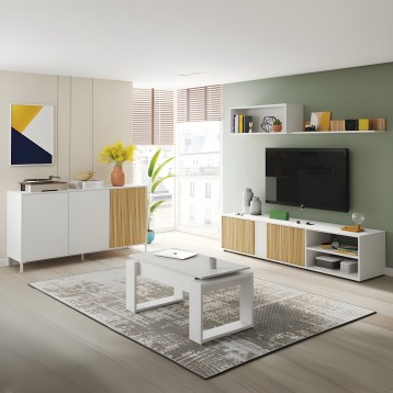 Salón moderno con mueble TV blanco y madera y mueble auxiliar con puertas de listones en ambiente completo