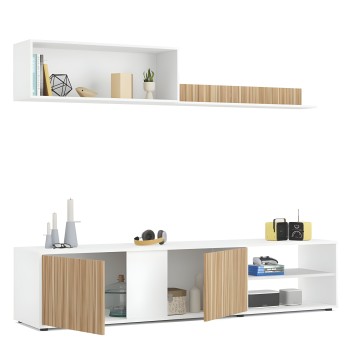Composición modular de mueble de almacenamiento blanco y madera con estante flotante y base con puertas acristaladas