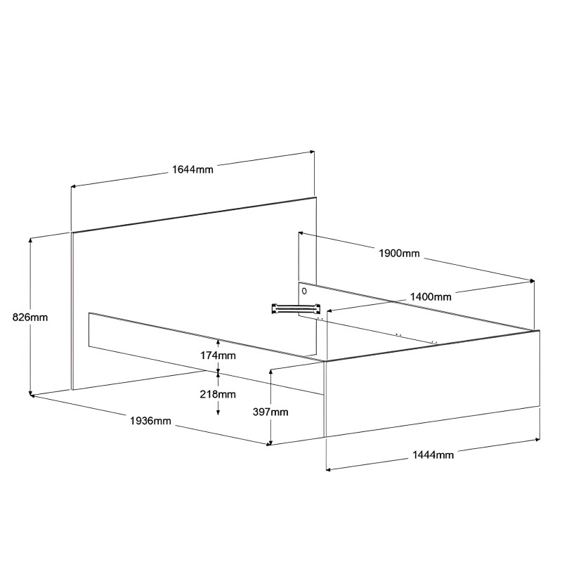 Cama con estructura de metal y respaldo tapizado vista en perspectiva con medidas técnicas