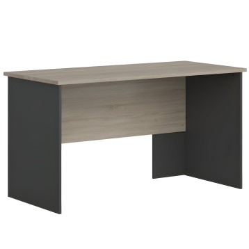 Escritorio rectangular con tablero gris claro y estructura lateral en negro mate