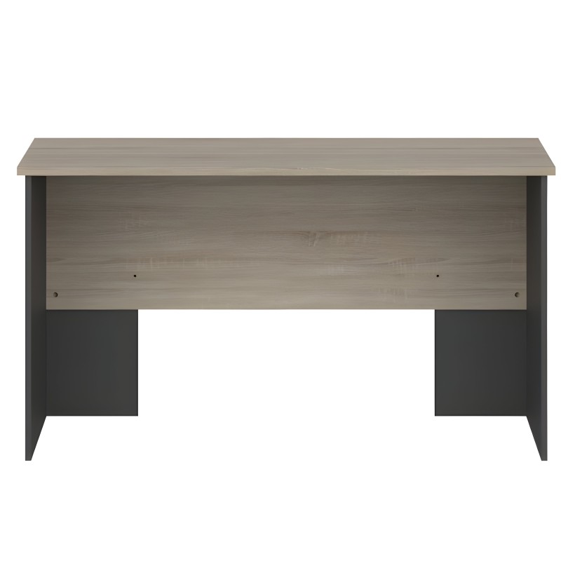 Escritorio de madera gris claro con estructura metálica negra y cajón superior frontal