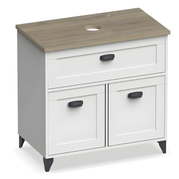Mueble bajo blanco con encimera roble y orificio superior incluye un cajón y dos puertas abatibles con tirador negro