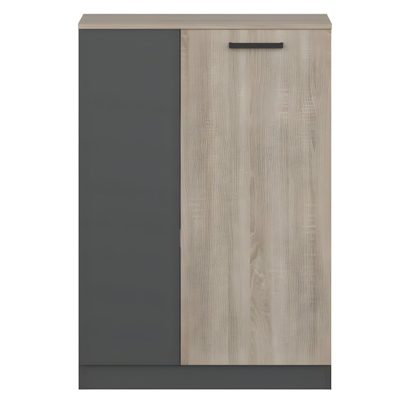 Mueble bajo dos puertas con frente gris antracita y madera clara de roble y tirador negro metálico