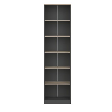 Estantería vertical negra con 6 compartimentos y divisiones centrales en estructura de madera clara