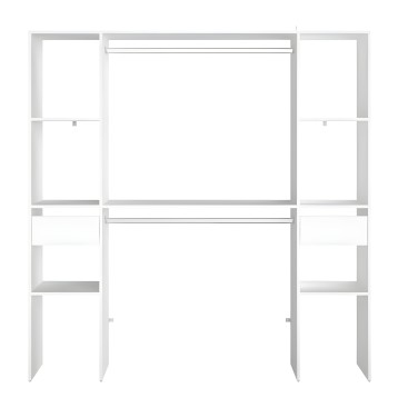 Estantería modular blanca con estructura de metal y múltiples compartimentos abiertos para almacenamiento y exposición