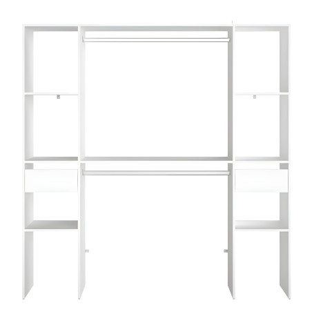Estantería modular blanca con estructura de metal y múltiples compartimentos abiertos para almacenamiento y exposición
