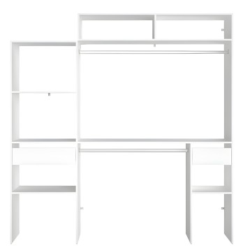 Estantería modular blanca con múltiples compartimentos y divisiones ajustables para almacenamiento