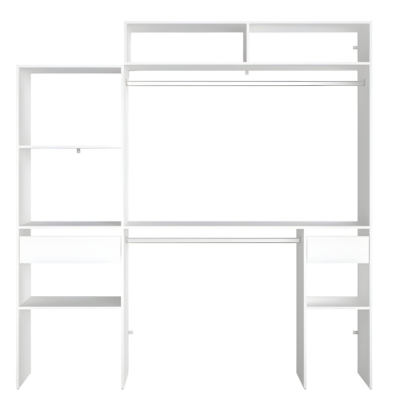 Estantería modular blanca con múltiples compartimentos y divisiones ajustables para almacenamiento