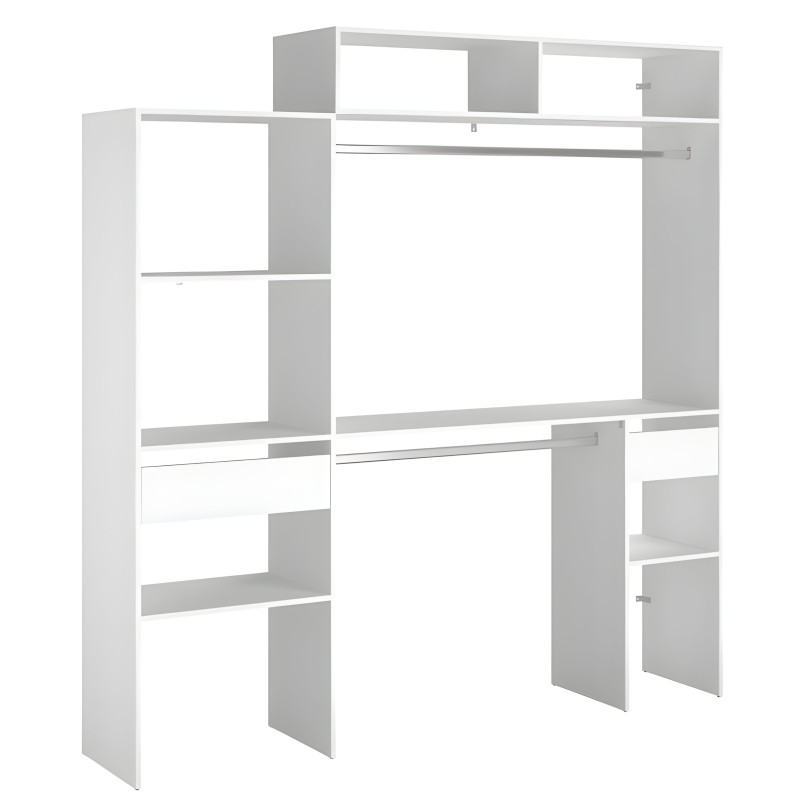 Estantería modular blanca y gris con múltiples compartimentos y estantes abiertos para almacenamiento