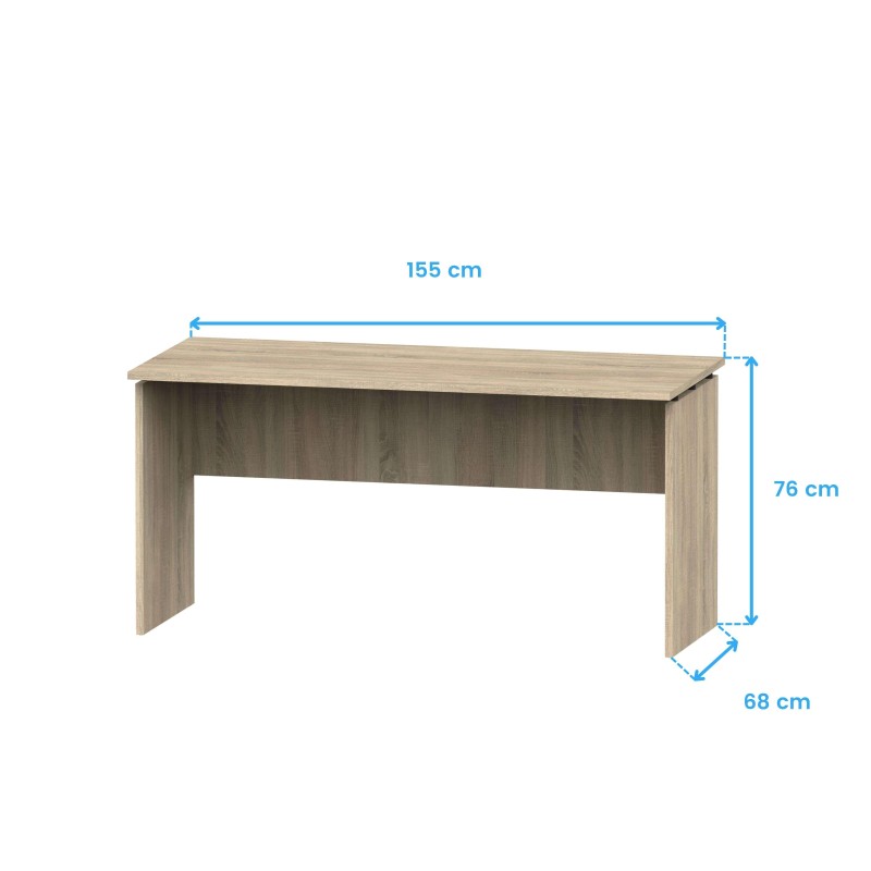 Escritorio rectangular en madera clara con tablero liso y estructura de patas laterales vistas desde ángulo frontal