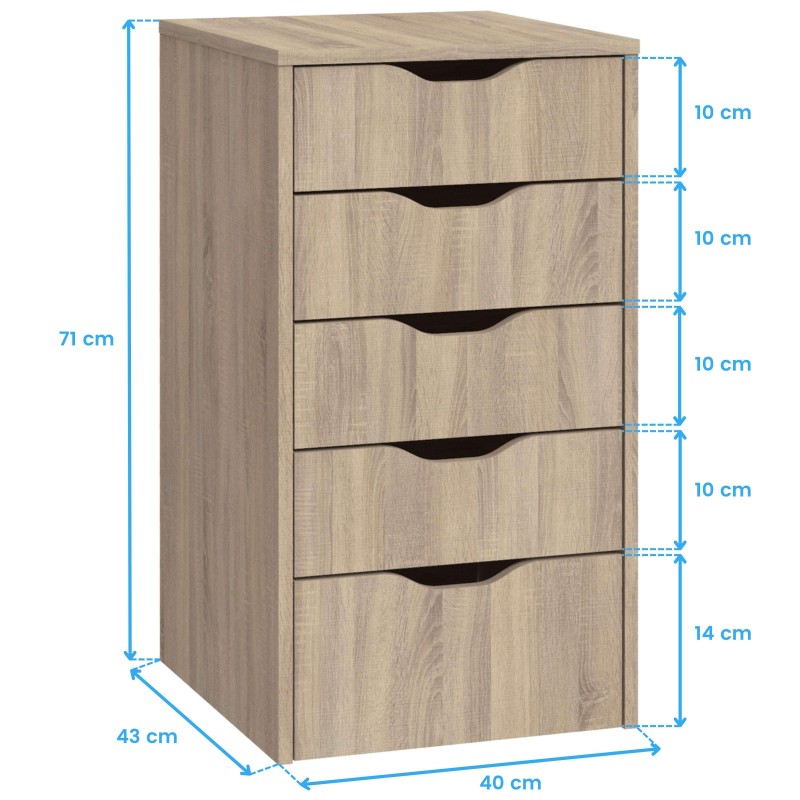 Cajonera de madera clara con cinco cajones y asas cóncavas de diseño moderno y minimalista