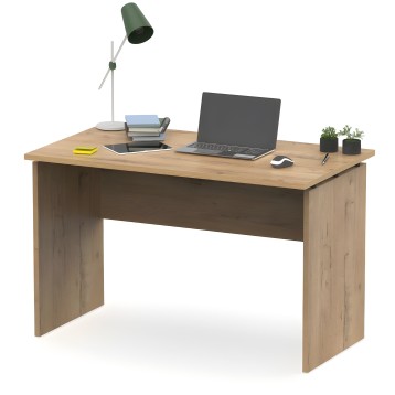 Escritorio de madera clara con cajón en ambiente de trabajo con lámpara verde y accesorios