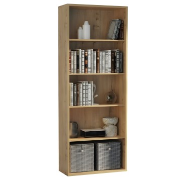 Estantería de madera clara con 5 estantes y 2 cestas de almacenamiento en base organiza libros y objetos decorativos
