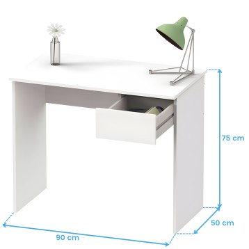Escritorio blanco con cajón y patas rectas en vista de ambiente con lámpara verde y florero