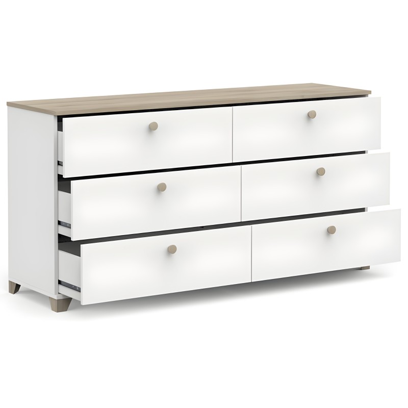 Cómoda de madera blanca con 6 cajones y tirador beige vista frontal con cajones abiertos