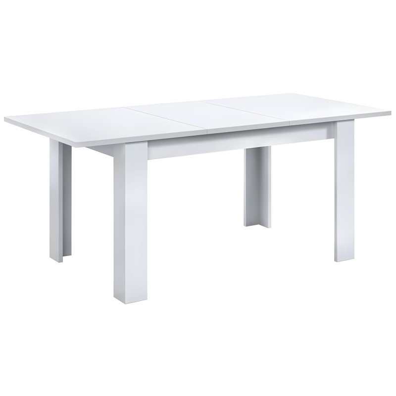 Mesa de comedor extensible blanca con tablero liso y patas cuadradas de madera maciza
