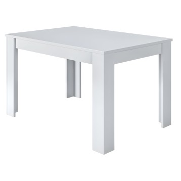 Mesa de comedor rectangular blanca con tablero gris y patas macizas de madera
