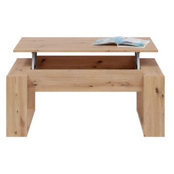 Mesa de centro en madera natural con tapa abatible y espacio de almacenamiento interior