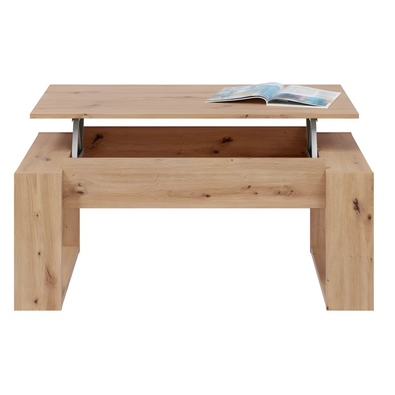 Mesa de centro en madera natural con tapa abatible y espacio de almacenamiento interior