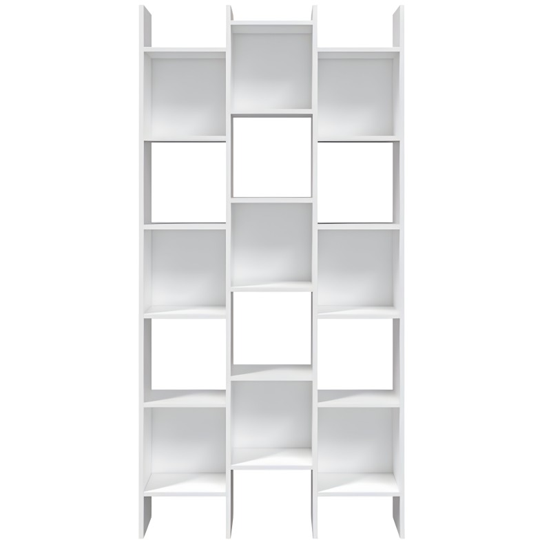 Estantería blanca modular con compartimentos abiertos y cerrados en diseño asimétrico frontal