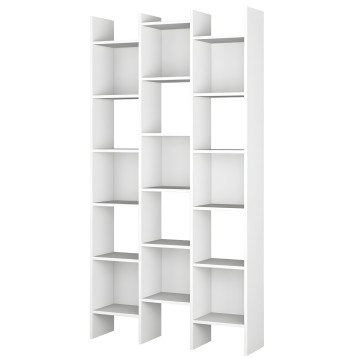 Estantería blanca con múltiples compartimentos y estantes grises en diseño asimétrico