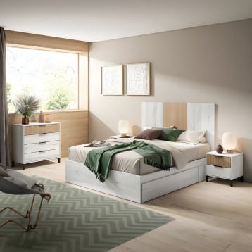 Dormitorio completo con cama blanca y cabecero de madera en ambiente minimalista y luminoso