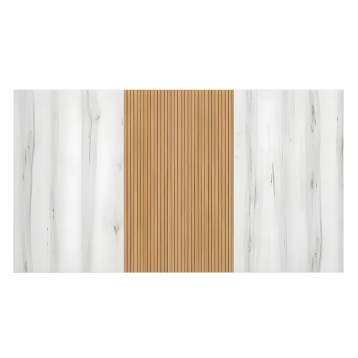 Detalle de superficie de mueble con tableros laterales en mármol blanco y panel central con lamas de madera natural