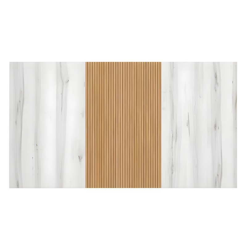 Detalle de superficie de mueble con tableros laterales en mármol blanco y panel central con lamas de madera natural